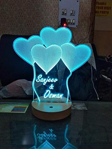 Personalised 3D Illusion Color Changing LED Night lamp with Remote Control and Wooden Base 22x22 CM with Customized Name and Tagline.