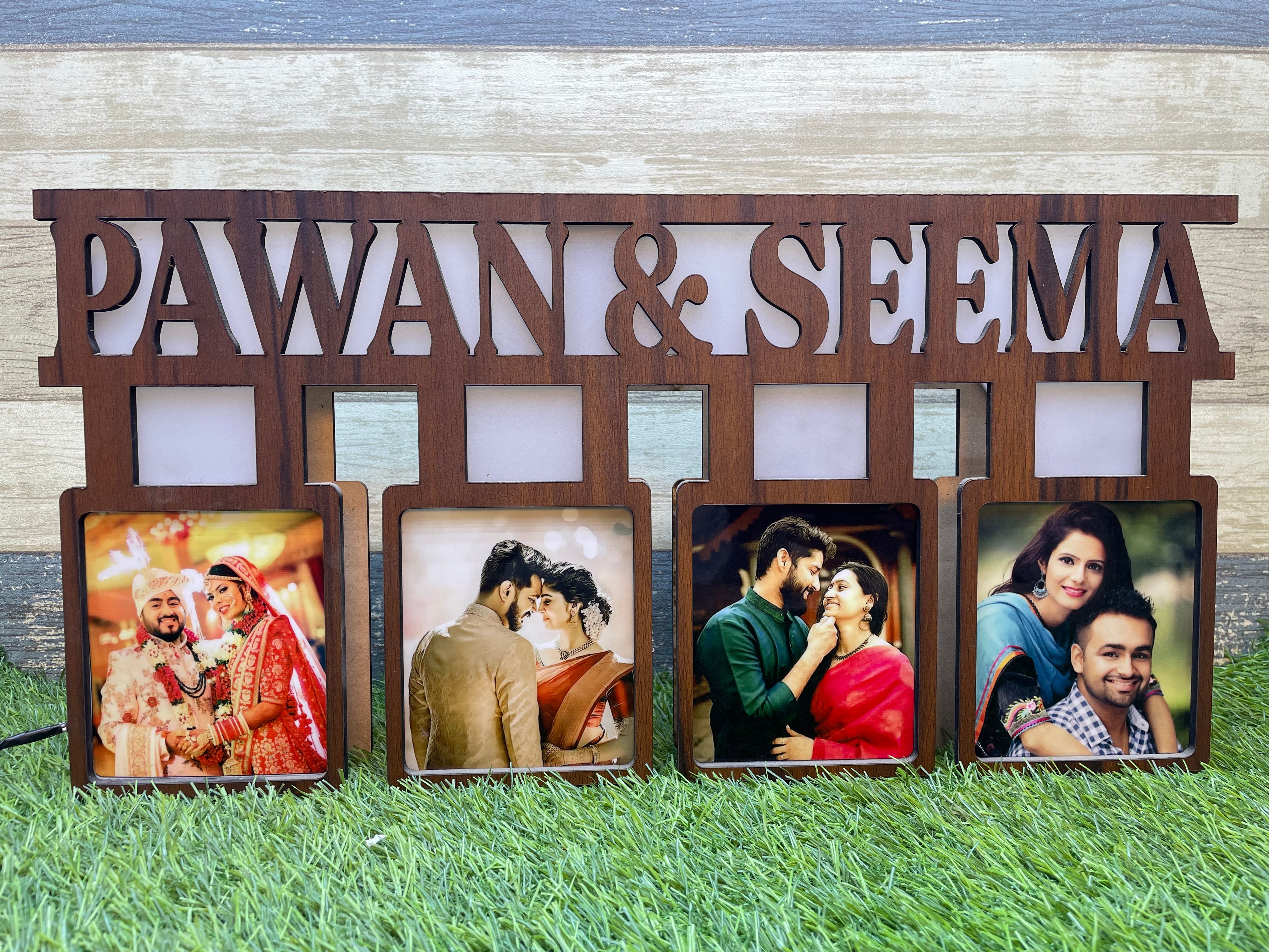 Couple Wooden led lamp for with Name & 4 Photos for Anniversarsary, wife, husband, Birthday
