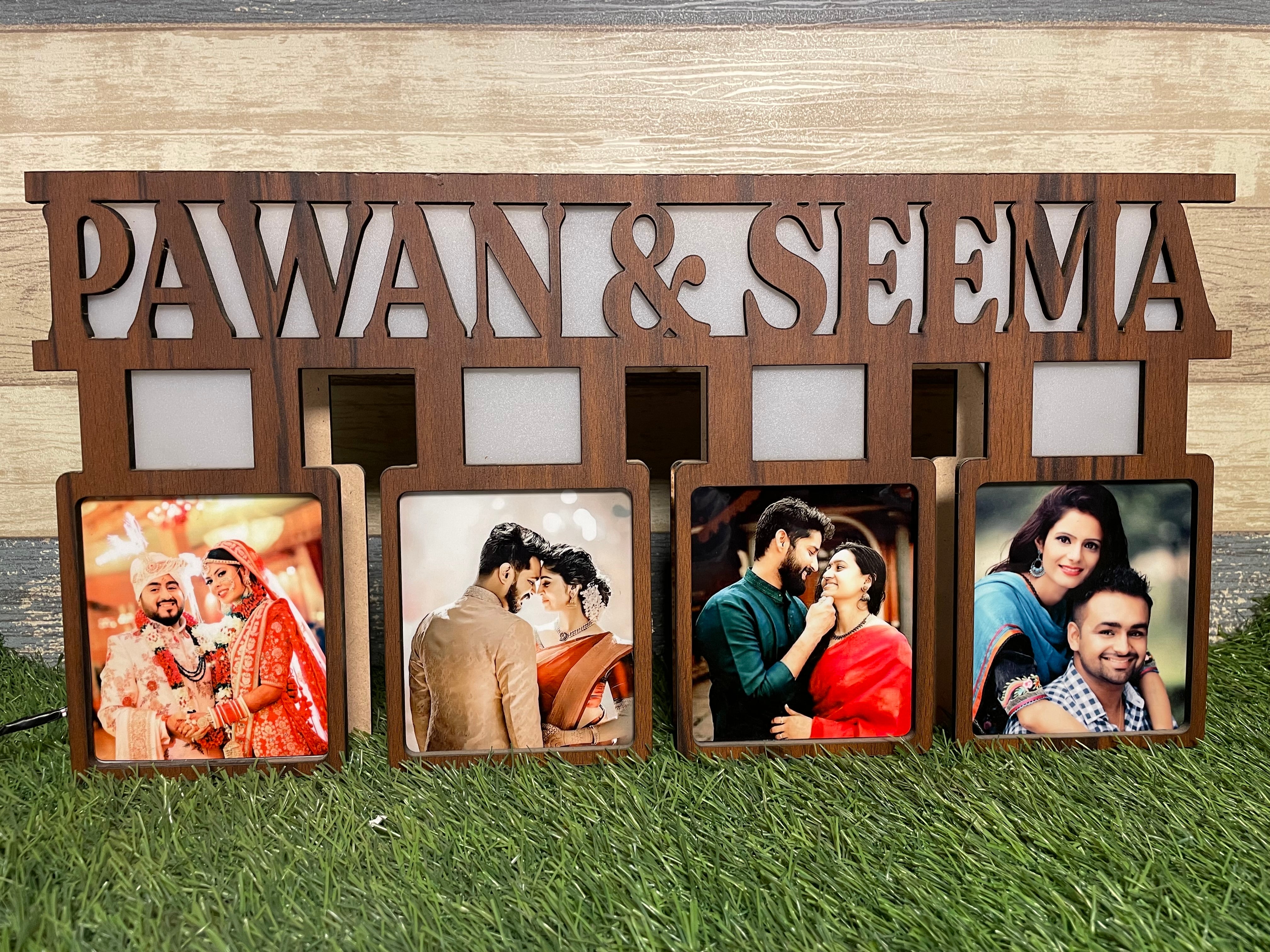 Couple Wooden led lamp for with Name & 4 Photos for Anniversarsary, wife, husband, Birthday