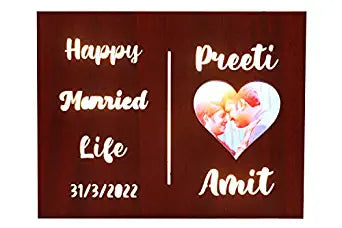 Wooden Couple LED Lamp Customized and Personalized with 1 Photo Couple Name & message Amazing Gift for Marriage Wedding Anniversary Husband Wife Boyfriend Girlfriend 12x12x2 inch (Brown)(Warm White)
