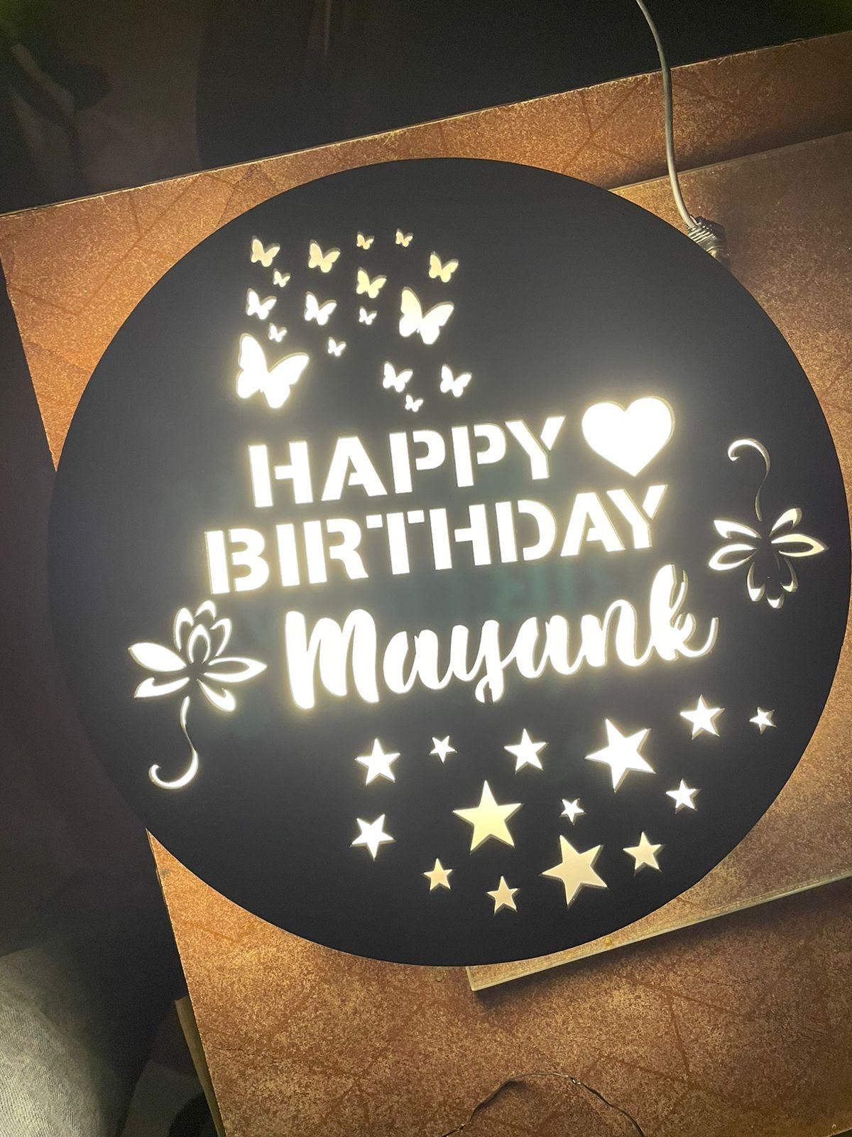 Shopinsta® Customised Round Shaped Lamp Birthday Wooden Name LED Lamp Customize & Personalize with Any Name- birthday Husband Wife Boyfriend Girlfriend (Wooden, 12X12 inches)