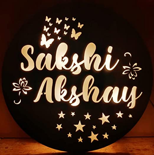 Shopinsta® Customised Round Shaped Lamp Wooden Couple Name LED Lamp Customize & Personalize with Any Name- Marriage Wedding Anniversary Husband Wife Boyfriend Girlfriend (Wooden, 12X12 inches)